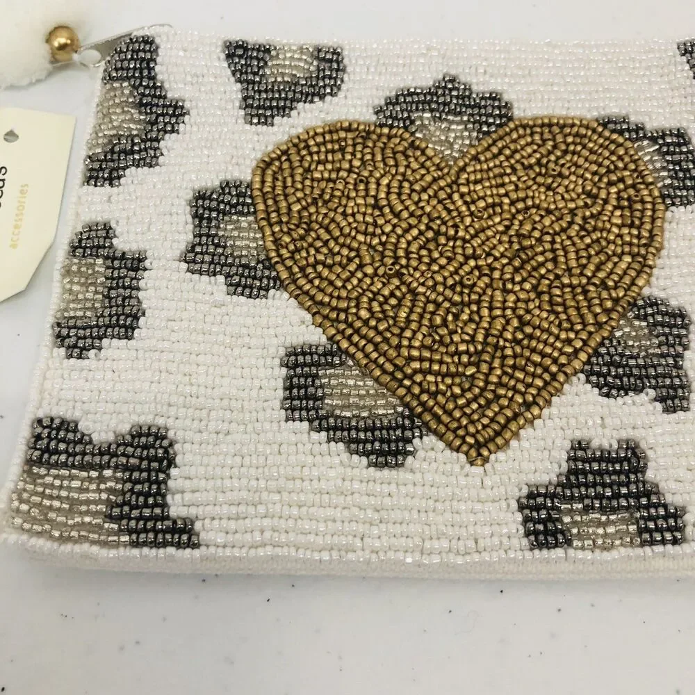 Francesca's Glass Beaded Pouch Clutch Bag Purse Gold Heart Leopard Cougar Spots